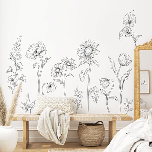 Large Black and White Flower Wall Decals, 3 Sheets Simple Modern Minimalist Sunflower Tulip Wall Stickers Floral Art Decor for Girls Bedroom Home Room Office Adult Gifts for Mom(11.8x35.4 in/Sheet) - style: Large Sunflower Set