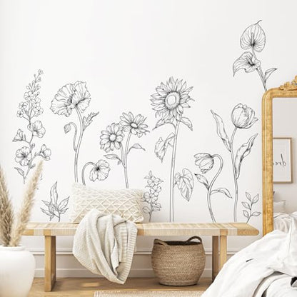 Large Black and White Flower Wall Decals, 3 Sheets Simple Modern Minimalist Sunflower Tulip Wall Stickers Floral Art Decor for Girls Bedroom Home Room Office Adult Gifts for Mom(11.8x35.4 in/Sheet) - style: Large Sunflower Set