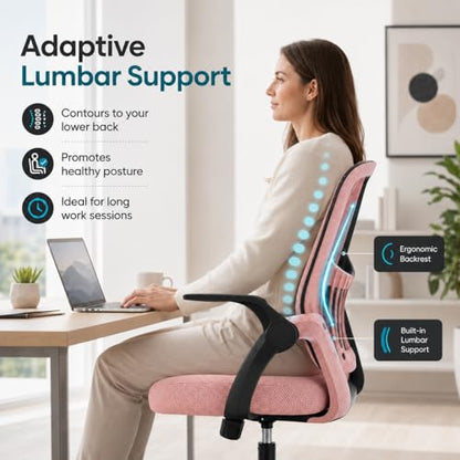 Ergonomic Office Chair, Home Office Desk Chair, Breathable Mesh Desk Chair with Adjustable Lumbar Support and Flip-up Armrests, Game Chairs, 360° Swivel Desk Chairs for Conference, Meeting Room(Pink) - color: Pink