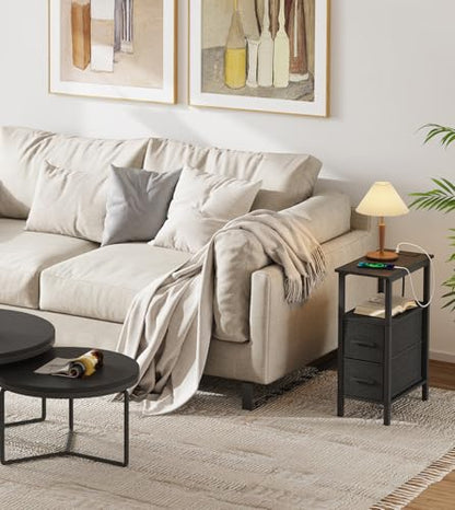 2 Set Narrow Side Table for Small Spaces, Skinny End Table with Charging Station, Sofa Beside Table with 2 Fabric Drawers and 1 Open Compartment, Slim Nightstand with USB Ports Outlet, Black UTBT004B2 - color: Black
