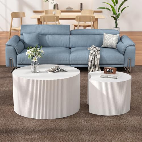 Nesting Coffee Table Set of 2, White 27.5" Round Coffee Table | Wood Fluted Design with Non-Slip Pad, Modern End Table Side Tables for Living Room Bedroom Balcony Yard - color: White 27.5"