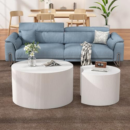 Nesting Coffee Table Set of 2, White 27.5" Round Coffee Table | Wood Fluted Design with Non-Slip Pad, Modern End Table Side Tables for Living Room Bedroom Balcony Yard - color: White 27.5"