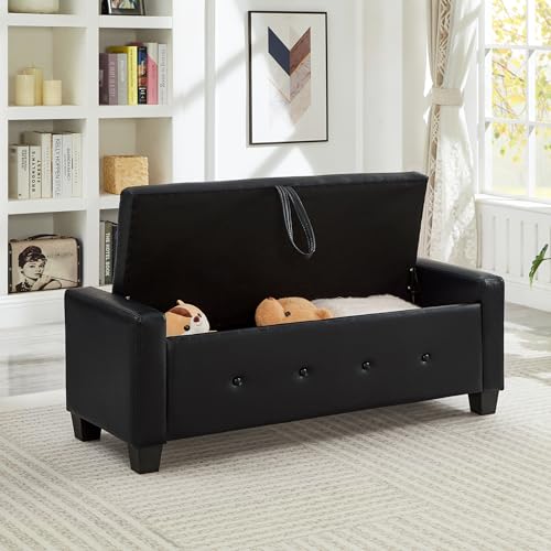 Storage Bench, 48‘’ Upholstered PU Leather Ottoman Bench with Button-Tufted, Folding Bedroom Bench with Wood Legs, Entryway Bench for Bedroom, Black - color: Black