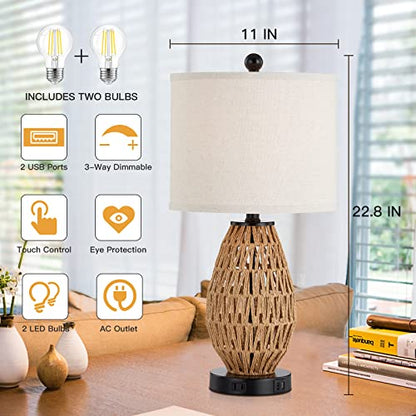 CINSARY Touch Control Rattan Table Lamp, 3 Way Dimmable Bedside Lamp for Bedroom with 2 USB Ports and AC Outlet, Wicker Nightstand Lamps for Living Room(LED Bulb Included), Rattan-1PK - color: Rattan-1PK