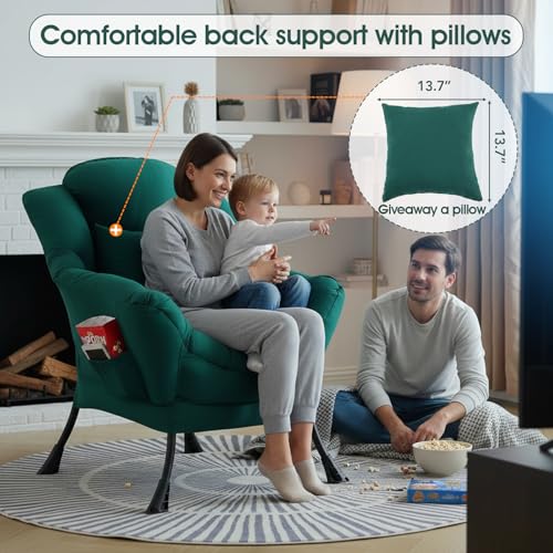Lazy Chair, Comfy Reading Chair for Bedroom，Dark Green | Comfy Bedroom Accent Chair with Washable Removable Cover and extra throw pillow for Living Room Dorm - color: Peach Dark Green-single