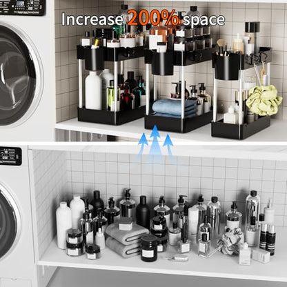 3 Pack Under Sink Organizer Bathroom and Storage Cabinet (Black) | 2 Tier with Hanging Cups for Kitchen - color: Black