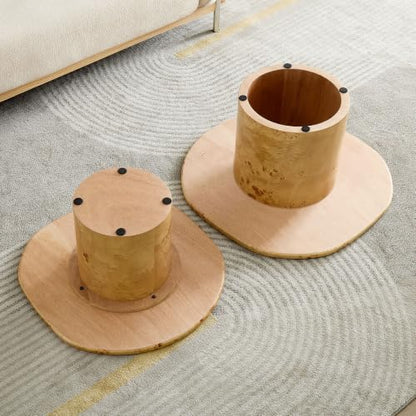 Nesting Coffee Table Set of 2 with Sintered Tabletop, Natural | 29.13" & 23.38" Modern Irregular Kitchen Table, Burl Wood Veneer, Sturdy MDF Pedestal Base for living Room, Easy Assembly - color: 29.13" & 23.38", Natural