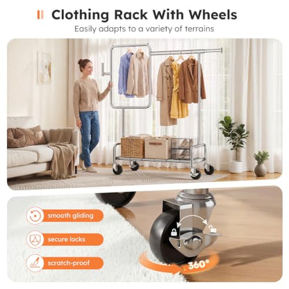 SOLEDI Heavy Duty Partitioned Clothes Rack, 600 LBS Load Metal Garment Rack with Shelves & Lockable Wheels, Rolling Hanging Rack for Bedroom, Laundry Room, Store & Garage (Silver) - color: Silver