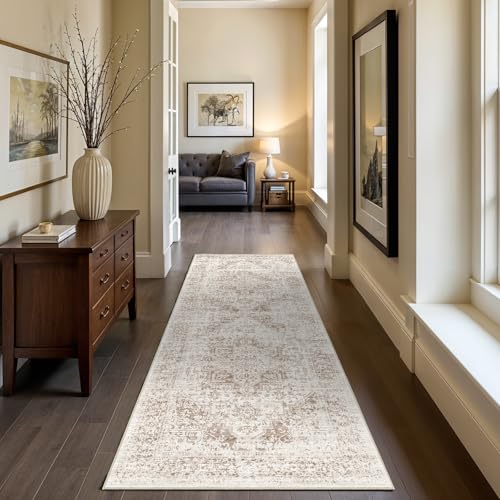 2x6 Washable Runner Rug: Vintage Medallion Kitchen Soft Rugs IvoryBeige | Non Slip Pet Friendly Water Resistant Low Pile Design Easy Clean Durable for Entryway Hallway and Indoor High Traffic Areas - color: Ivory/Beige, size: 2' x 6' (Runner)