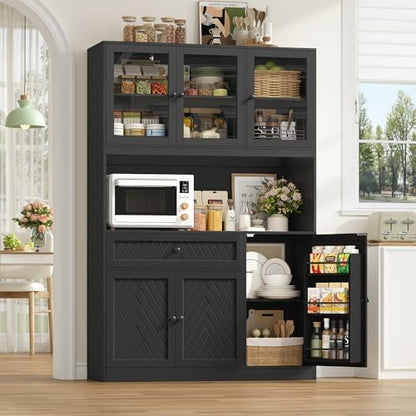 72” Tall Kitchen Pantry Storage Cabinet, Modern White Kitchen Hutch with Large Storage Drawer, Countertop, Adjustable Shelves, Food Pantry Cabinets for Dining Room, Living Room (Black) | Kitchen Hutch with Large Storage Drawer, Countertop, Adjustable Shel