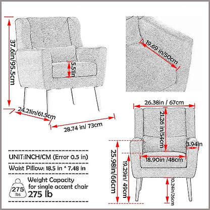 Accent Chair, Living Room Chairs with Solid Wood Legs & Pillow | Chairs Living Room with High Tufted Backrest, Reading Chair for Bedroom/Office, Chenille Fabric - color: Olive Green