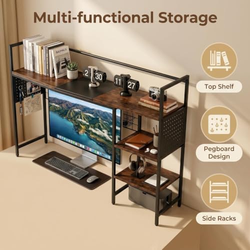 Desk Shelf Organizer with Pegboard & Hooks, Desk Hutch for Computer Monitor, Multi-Tier Wood Desktop Bookshelf Display Rack for Home Office Dorm Room (Vintage Brown, 38.6‘’) - color: Vintage Brown, size: 38.6‘’
