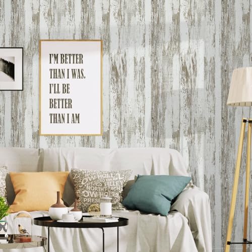WENMER White and Brown Rustic Wood Wallpaper 17.3"x118" (14.1 sq.ft.) Distressed Shiplap Contact Paper Peel and Stick Waterproof Self Adhesive for Cabinets Countertops Vinyl Roll - size: 17.3" x 118"