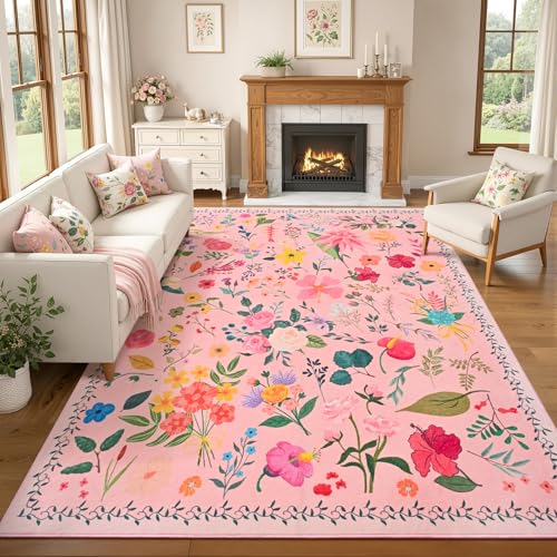 ISEAU 5x7 Area Rug for Living Room,Washable Rugs for Bedroom Dorm,Pink | Floral Rugs with Non-Slip Botton, Low-Pile Indoor Carpet for Bedroom Kids Playroom Nursery Office Dining Room Dorm Decor - color: Pink, size: 5ftx7ft