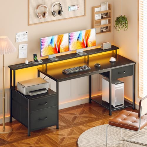 Korfile 55" Computer Desk with File Drawer & Printer Space, Black | LED Lights, Power Outlets, Reversible, 3 Adjustable Drawers, Monitor Stand, Home Office Desk for Work, Study, Writing - color: Black
