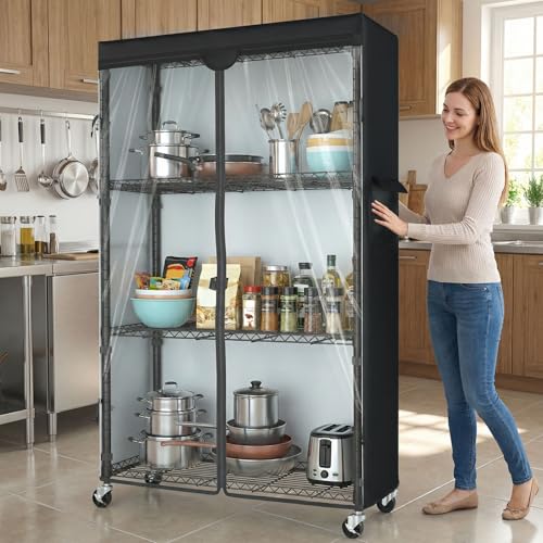 Storage Shelves with Cover & Wheels, 36" W x 14" D x 63" H | 4-Tier Wire Shelving with 600D Oxford cover, Rolling Metal Storage Shelf for dorm, pantry, kitchen or Closet - size: 4-Shelf 36"W x 14"D x 63"H W/Cover