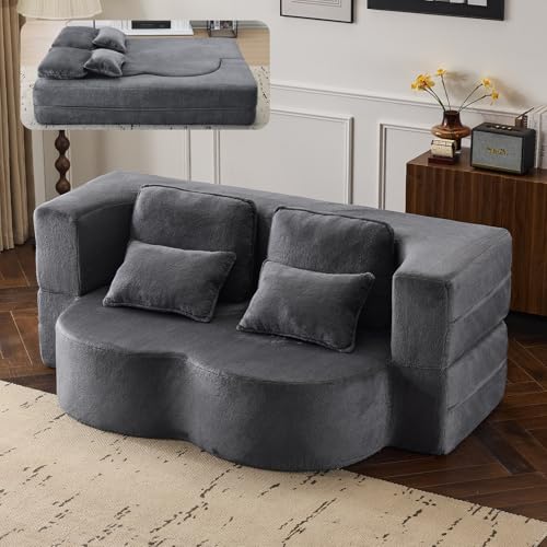 78” Convertible Sofa Bed, Full Size Sleeper Couch, Grey | Boneless Folding Loveseat, Deep Seat, Soft Chenille, 4 Pillows, No Assembly, for Guest Living Room Bedroom - color: Grey, size: 78"