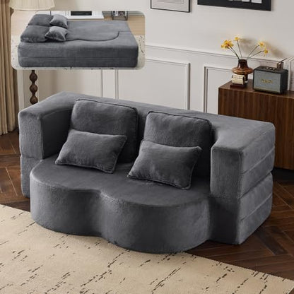 78” Convertible Sofa Bed, Full Size Sleeper Couch, Grey | Boneless Folding Loveseat, Deep Seat, Soft Chenille, 4 Pillows, No Assembly, for Guest Living Room Bedroom - color: Grey, size: 78"