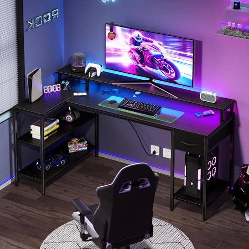DUMOS 53 Inch Gaming Desk, L Shaped Desk, LED Lights | Monitor Stand, Storage Shelves, Computer Table, USB Charging Ports, Power Outlets, Small Spaces, Black - color: Black, size: 31.5‘’x 31.8'' x 53''