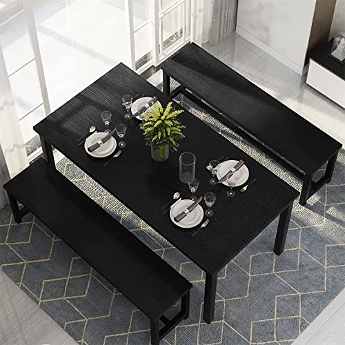 Dining Room Table Set with 2 Benches, Farmhouse Dining Table Set for 4-6, Wood Breakfast Table Set Dinner Table Set Kitchen Table and Chairs for Breakfast Nook Small Spaces, Black - color: Black