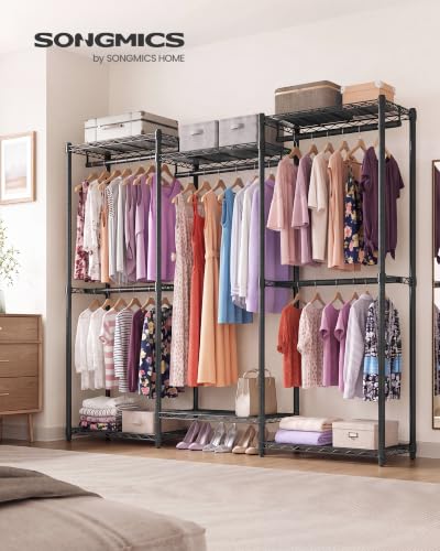SONGMICS Heavy-Duty Clothes Rack, Garment Rack, Portable Closet, 68.7-Inch Wide Clothing Rack with Adjustable Mesh Shelves and Hanging Rails, Ink Black ULGR433B01 - color: Ink Black, size: 68.7"L x 76"H, style: Without Fabric Cover