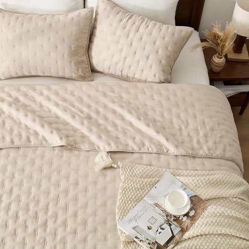 EMME Quilts Queen Size Bedding Sets, Beige Bedspread Soft Lightweight Pre-Washed Quilt, 3 Piece Cozy Reversible Microfiber Ultrasonic Coverlet with Pillow Sham (Leaf Pattern,90"x90") - color: 05-beige (Leaf), size: Full/Queen(90" x 90")