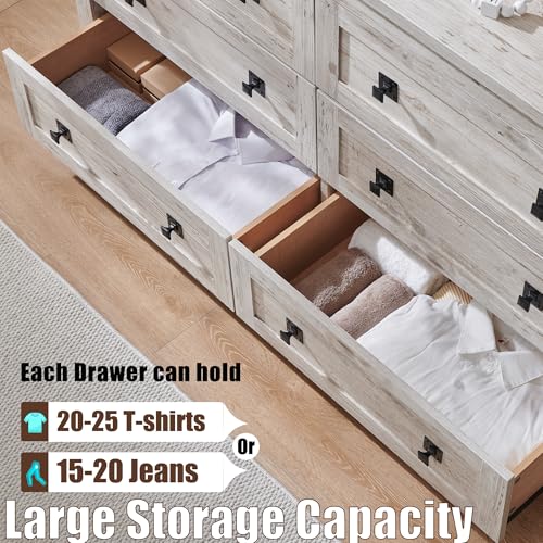 T4TREAM 54" Wide Farmhouse 6-Drawer Dresser for Bedroom, Antique Brush White - color: Antique Brush White, size: 15.8"D x 54"W x 31.3"H (6 Drawers)
