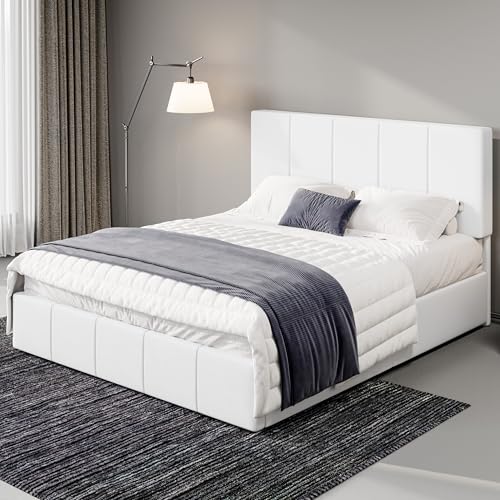 Allewie Queen Size Dutch Velvet Upholstered Platform Bed Frame/Vertical Channel Tufted Adjustable Headboard/Low Profile Bed Frame/No Box Spring Needed/Easy Assembly/White - color: White, size: Queen