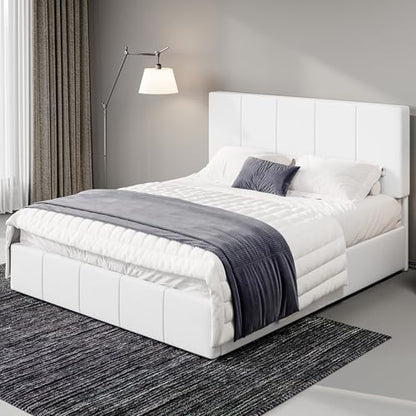 Allewie Full Size Dutch Velvet Upholstered Platform Bed Frame/Vertical Channel Tufted Adjustable Headboard/Low Profile Bed Frame/No Box Spring Needed/Easy Assembly/White - color: White, size: Full