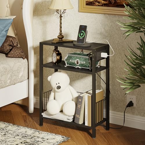 TRIFEBLE Narrow Side Table with Charging Station, Small End Table for Small Spaces, Slim Nightstand with Storage Basket, 3 Tier Skinny Bedside Table for Living Room, Bedroom, Black - color: Black