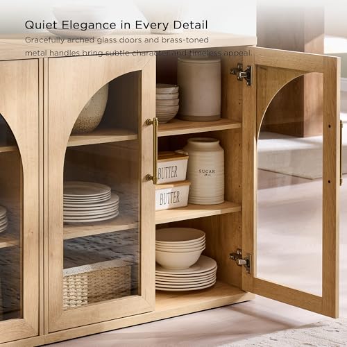 Glass Arched Door Sideboard Buffet Cabinet Set of 2, Natural Oak | Modular, Multi-Compartment Storage, Adjustable Shelf, Soft Close Hinges, Freestanding, for Dining Room, Living Room - color: Natural Oak