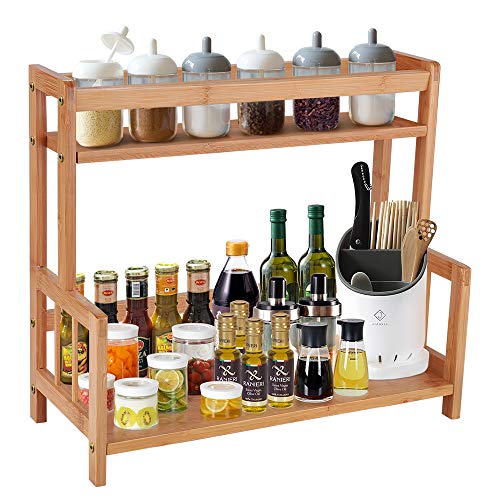 Kitchen Spice Shelf Rack Countertop Bamboo Wood Seasoning Holder Organizer | 2 Tiered Small Tabletop Organizer Shelf for Coffee Station,Codiment,Matcha,Mug,Tea,Jars Holder