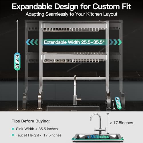 3 Tier Extra Large Stainless Steel Over The Sink Dish Drying Rack | Rust Proof Metal, Expandable Kitchen Sink Drainer, Counter Space Saving, Heavy Duty, Modern Silver, Multifunctional Storage - color: Silver, size: Over Sink 3 Tier