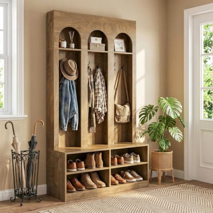LITTLE TREE Hall Tree with Shoe Storage, Entryway Bench with Coat Rack | 6 Double Hooks, Entryway Storage Furniture, Mudroom Bench with Storage and Hooks, Farmhouse Hall Tree, Hallway Tree, Brown