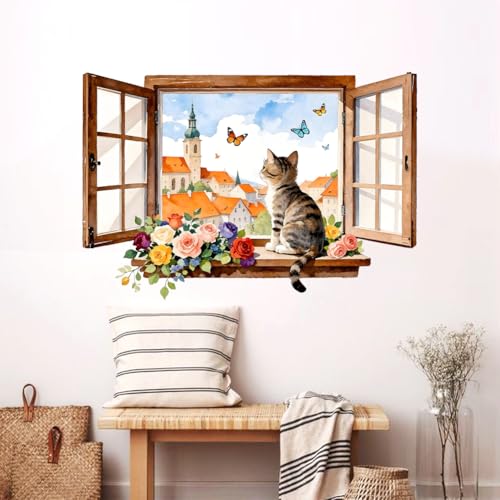3D Window with a Cat and Flowers Wall Decals, Wall Stickers Decor | 2 Sheets 11.8"x37.8" Vinyl Removable Peel and Stick Murals, Plant Decor for Bedroom, Bathroom, Office, Classroom & Home - style: 3D Fake Window