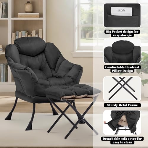 Lazy Chair with Ottoman, Comfy Reading Chair, Black | Cushioned Seat with Foldable Ottoman and Side Pocket, Lounge Chair for Bedroom, Living Room, Dorm and Small Spaces - color: Black