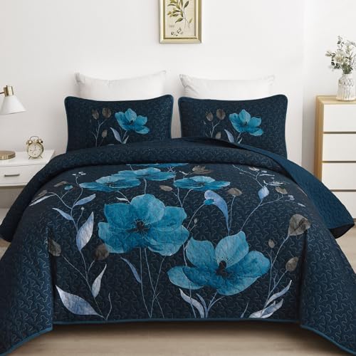 Mybedsoul Floral Quilt Set King Size, 3 Pieces Dark Blue Bedspread Coverlet Set, Lightweight Farmhouse Botanical Bedding Set for Fall Winter All Season(104"x90") - color: Dark Blue, size: King104"x90"
