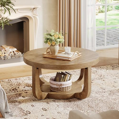 Tribesigns Round Coffee Table, 2-Tier Circle Coffee Table with Storage, Modern Wooden Accent Center Table for Living Room, Thick Tabletop & Base (Rustic Oak) - color: Rustic Oak