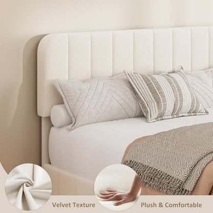 Garvee Queen Size Velvet Bed Frame with 4 Drawers, Adjustable Headboard | Upholstered Platform Bed with Vertical Channel Tufted Design, Noise Free Bed Frame, No Box Spring Needed, Easy Assembly - color: Beige