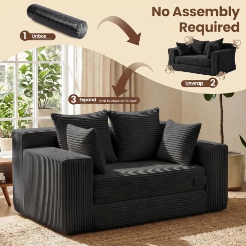 Boneless Mini Couch 53 Inch, 3-in-1 Black Boneless Couches Covertible Sofa Bed with 4 Pillows, Small Couches for Living Room, Bedroom, Small Space - color: Black, size: 53 Inch