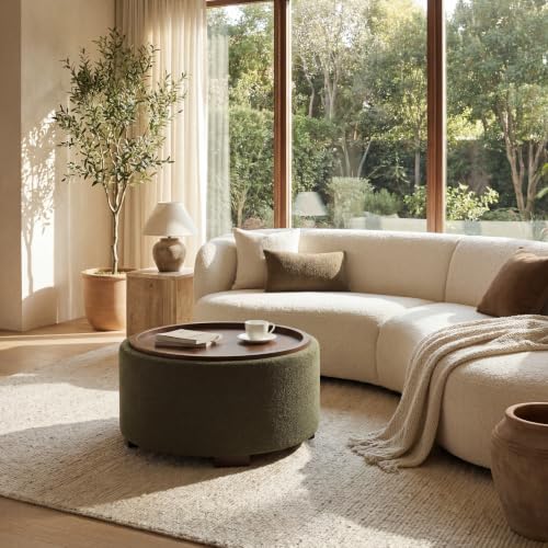 Zihanhome 30 Inch Round Storage Ottoman, Ottoman Coffee Table with Lift Off Lid, Boucle Modern Ottomans with Storage for Living Room, Bedroom, Apartments (Green) - color: Green