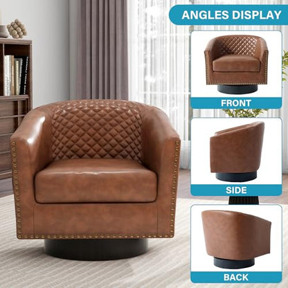 Faux Leather Swivel Accent Chair, Modern Barrel Club Armchair, Brown | Comfy Living Room Chair, Modern Nailhead Trim Round Armchair Bedroom Reading Seat with Removable Cushion, Wood Frame - color: Retro Brown