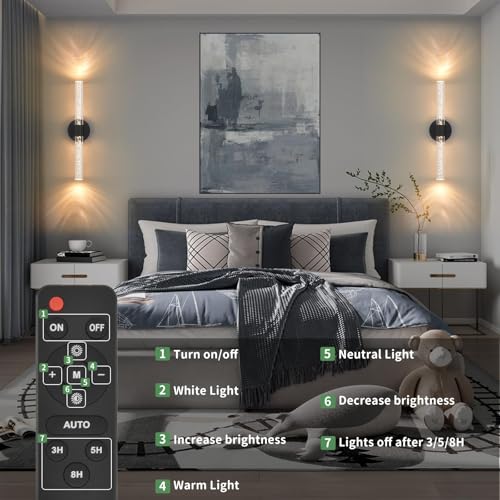 Battery-Operated Wall Sconces Set of 2, Black 20'' Rechargeable Crystal Bubble Wall Sconce with Remote Control, 3000K-6000K Dimmable LED Wireless Wall Lights for Living Room Bedroom Hallway - color: Black