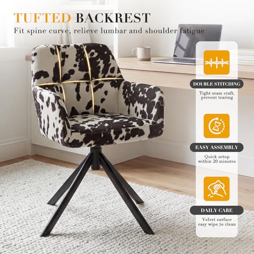 EALSON Comfy Velvet Desk Chair Modern Computer Task Chair no Wheels Swivel Accent Chair with Mid Back Arm Chair for Living Room/Bedroom/Home Office, Cow Print - color: Cow Print