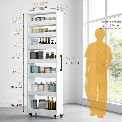 Slim Rolling Storage Cart, Narrow Kitchen Storage Rack with Wheels, Tall Gap Organizer Shelf for Small Spaces, 7-Tier Movable Food Cabinet for Refrigerator Side - color: Light Gray Wood, size: 5.9"x19.7"x72.4" (15x50x184cm)