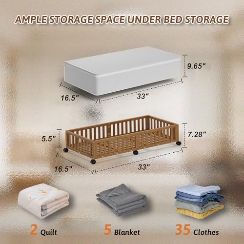2 Pack Large Bamboo Under Bed Storage Containers with Wheels, Brown | Underbed Drawer Storage with Bag, Wood Rolling Underbed Organizer for Shoes, Sheets Clothes Blanket Comforter, Under Crib Toy - color: Brown, size: 2 PCS (33.07"×16.54")