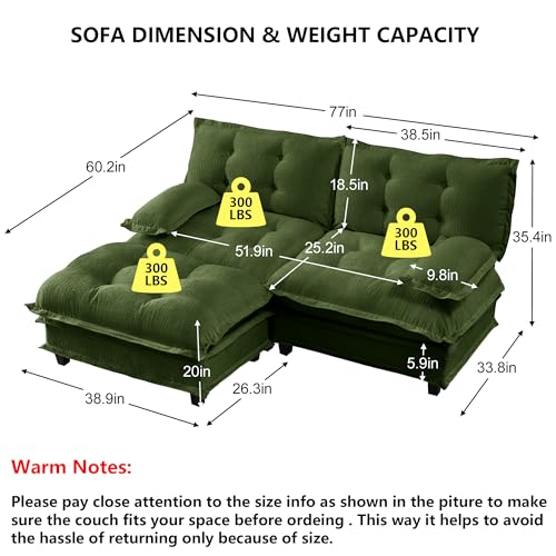 Modular L-Shaped Sofas for Living Room,Roomy Loveseat Couch with Ottoman,Small Chenille Love Seat Cloud Couches,Modern Tufted 2-Seat Sectional Sofa for Small Spaces - color: Green, size: 2+1