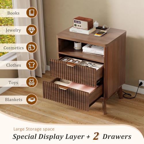 LYNCOHOME Fluted Nightstand with Charging Station, 19.7 inch Wide End Table with 2 Drawers, Modern Wood Bedside Table for Bedroom,Brown,1 Pcs - color: Walnut, size: 15"D x 19.7"W x 25.5"H（2 Drawers）