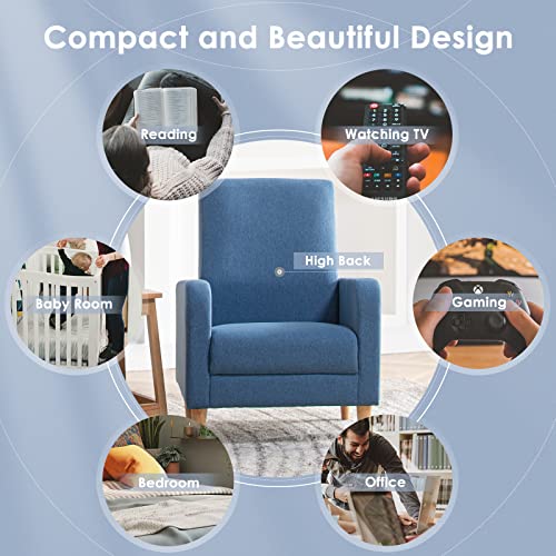 COLAMY Mid-Century Modern Accent Chair, Fabric Upholstered Living Room Chair with Back Pillow & Solid Wood Legs, Comfy Armchair for Living Room, Bedroom, Single Sofa, Blue - color: Blue, size: Set of 1