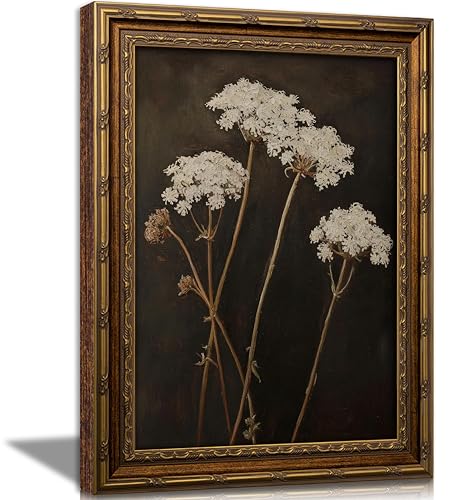 Vintage Gold Framed Floral Wall Art Retro American Mid-Century Flower Wall Decor Painting Dark Moody Flower Botonical Canvas Painting Picture for Living Room Bedroom Dining Room Entryway 9X11in - color: Dried Flower, size: 11"L x 9"W